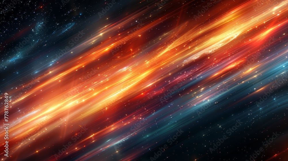 Lots of stars fill a space, while an orange-blue light streak originates from its center in the image Lots of stars fill a space, while an orange-blue light streak originates from its center in the image