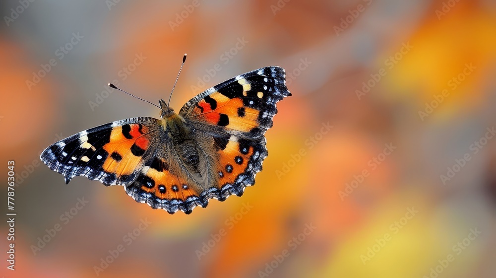 Close-up photo of a butterfly with orange and black spots on its wings, against a blurry background Close-up photo of a butterfly with orange and black spots on its wings, against a blurry background