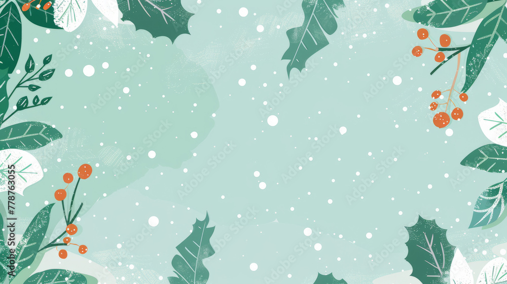 Snowy branches and holly berries punctuate this fresh green background with splashes of winter white and red