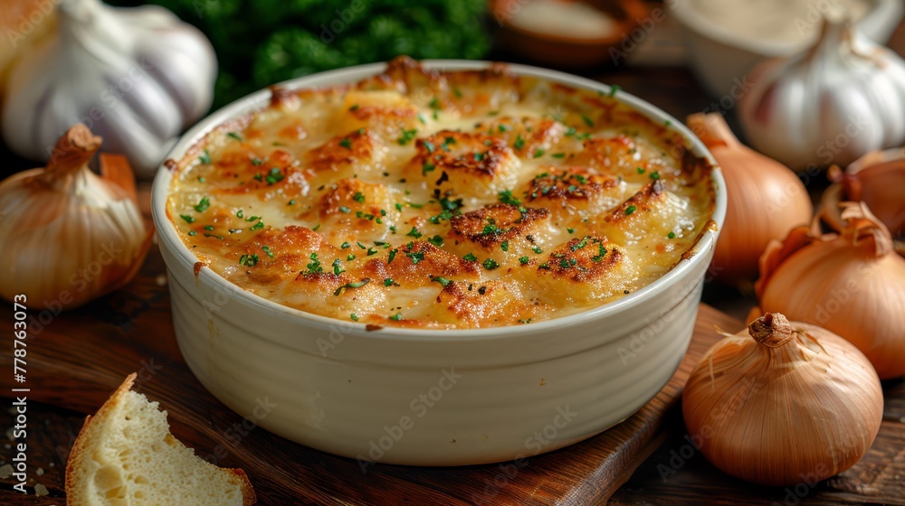 A close-up of a casserole in a bowl with garlic bread and surrounding vegetables A close-up of a casserole in a bowl with garlic bread and surrounding vegetables