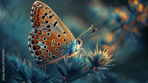  A close-up image of a butterfly perched on a plant with vibrant blue and orange flowers in the foreground, while the background appears blurry