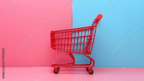 the empty shopping cart on a pink and blue background.