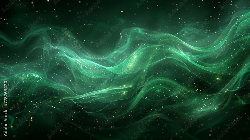 A computer-generated image showcases a wave of green and gold shimmering against a dark green backdrop, with a black foreground A computer-generated image showcases a wave of green and gold shimmering against a dark green backdrop, with a black foreground