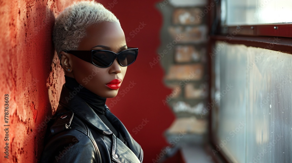 cool african woman with red lips wearing sunglasses and futuristic high fashion leather outfit in front of a red wall background cool african woman with red lips wearing sunglasses and futuristic high fashion leather outfit in front of a red wall background