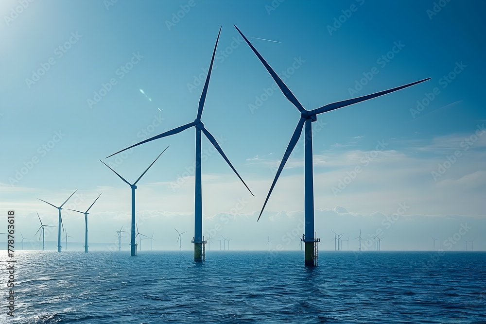 Fototapeta premium Gracefully Spinning Wind Turbines Harnessing Sustainable Energy Against a Serene Blue Sky