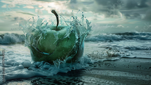 Green apple in sea waves