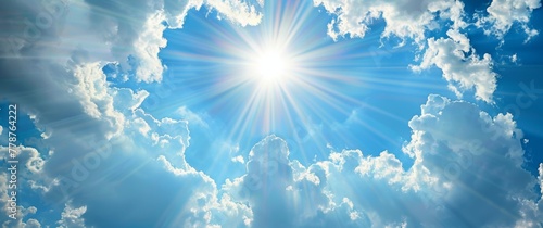Blue sky with white clouds and sun rays. Background for design, banner, poster or presentation.