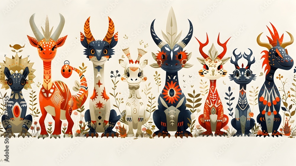 Eclectic Collection of Fantastical Creatures in Vibrant Scandinavian Folk Art Style