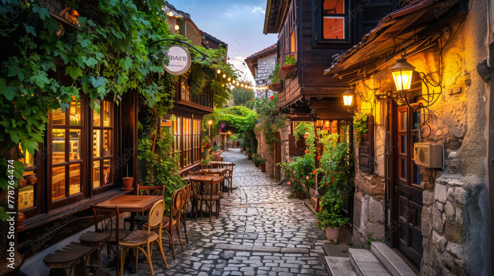 Fototapeta premium An old tavern on an old narrow paved street in a lovely old town in the evening