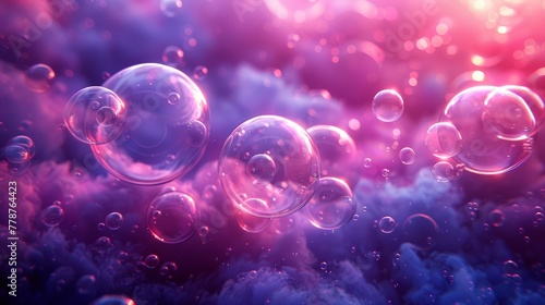  A cluster of bubbles bobbing atop a bluish, rosy cloud filled with water and illumination emanating from within them