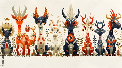 Eclectic Collection of Fantastical Creatures in Vibrant Scandinavian Folk Art Style