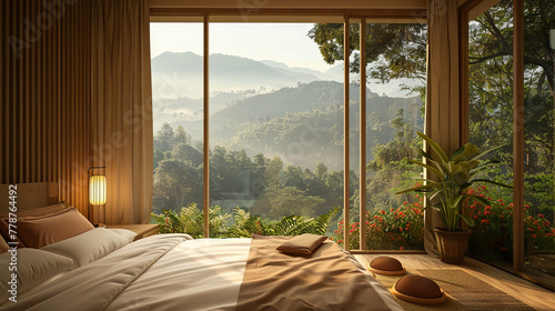 At the luxury hotel, guests can luxuriate in a stunning and snug bedroom with scenic views of the verdant mountains