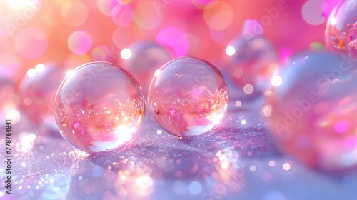  A collection of transparent orbs resting on a reflective platform, illuminated by pink and blue background lights