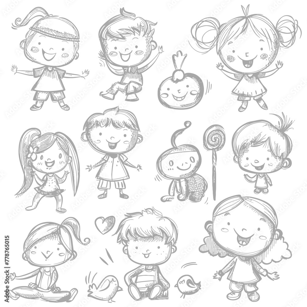 well hand drawing cute kids set doodle style illustration black color only well hand drawing cute kids set doodle style illustration black color only