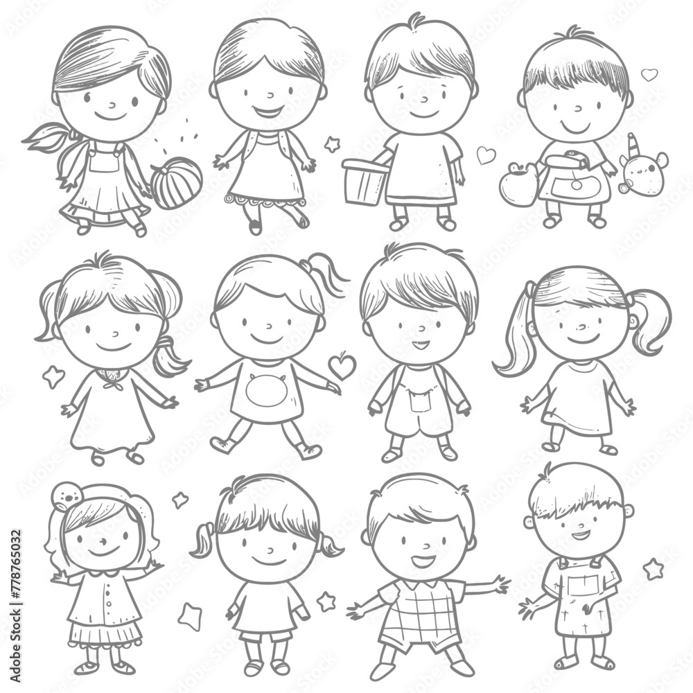 well hand drawing cute kids set doodle style illustration black color only well hand drawing cute kids set doodle style illustration black color only