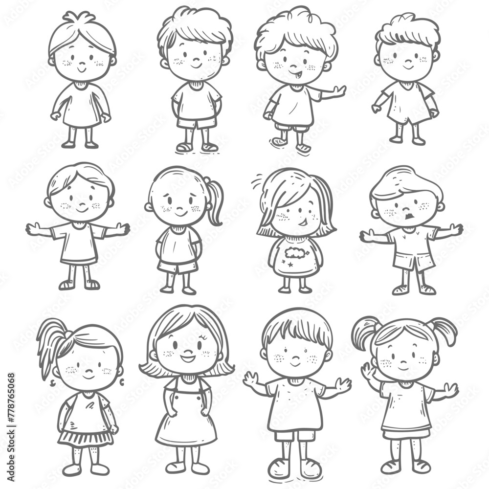 well hand drawing cute kids set doodle style illustration black color only