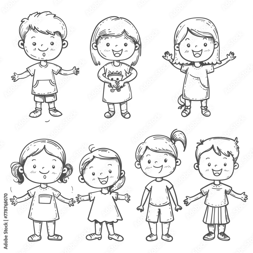 well hand drawing cute kids set doodle style illustration black color only well hand drawing cute kids set doodle style illustration black color only