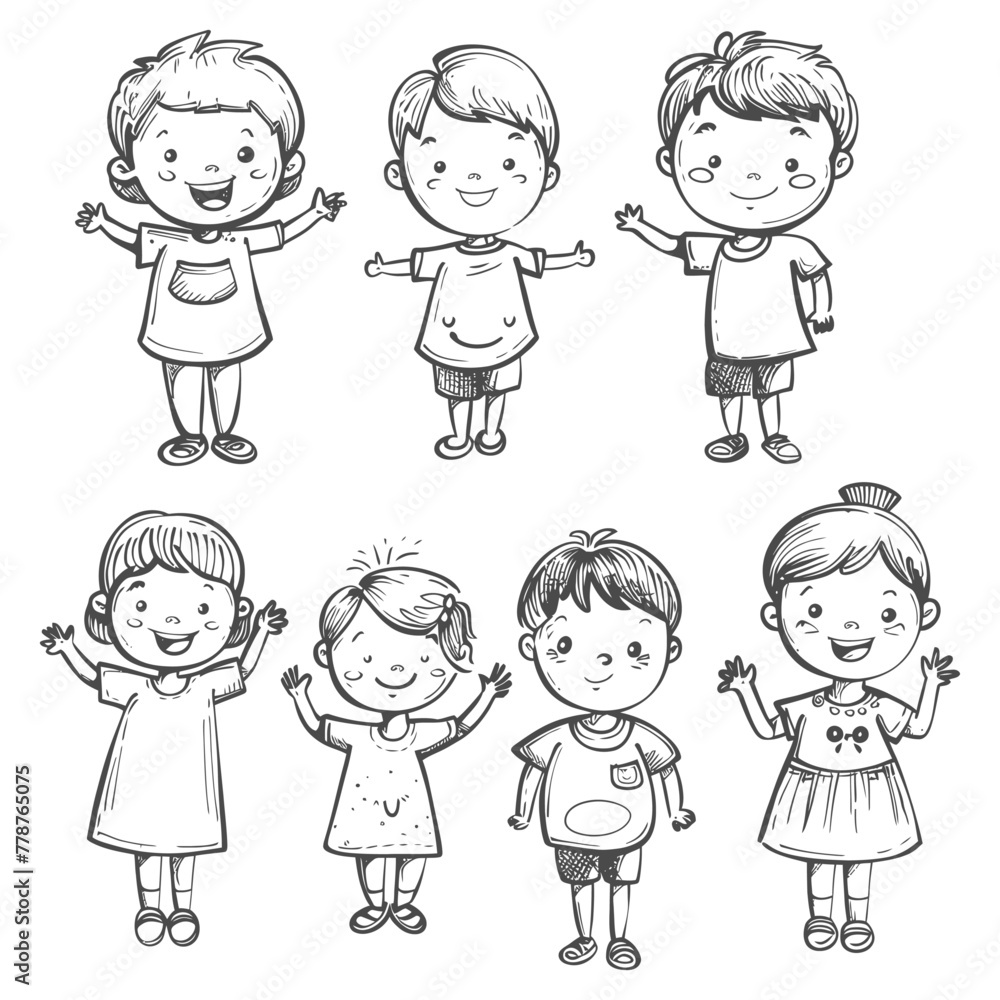 well hand drawing cute kids set doodle style illustration black color only well hand drawing cute kids set doodle style illustration black color only