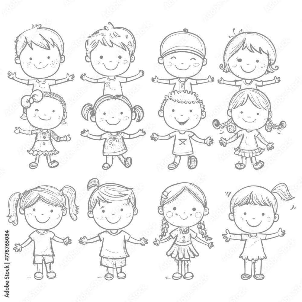 well hand drawing cute kids set doodle style illustration black color only well hand drawing cute kids set doodle style illustration black color only