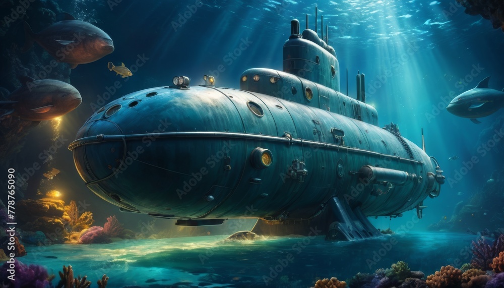 Fototapeta premium A colossal submarine rests on an ocean floor amidst a vibrant coral reef, surrounded by curious aquatic life, inviting imagination to an underwater odyssey.. AI Generation