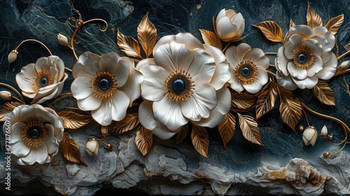 Baroque Style Golden Floral Decorations on Marble Background.