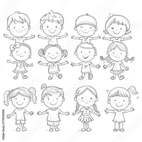 well hand drawing cute kids set doodle style illustration black color only