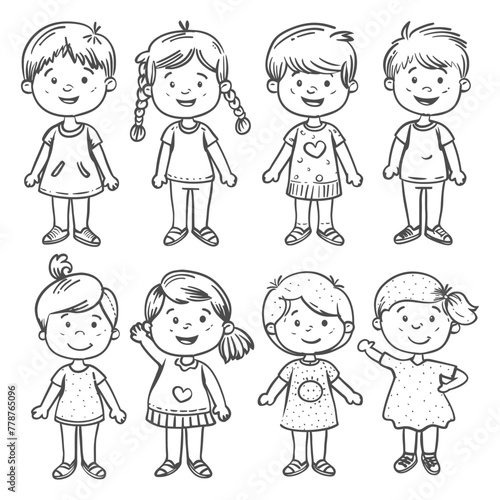 well hand drawing cute kids set doodle style illustration black color only