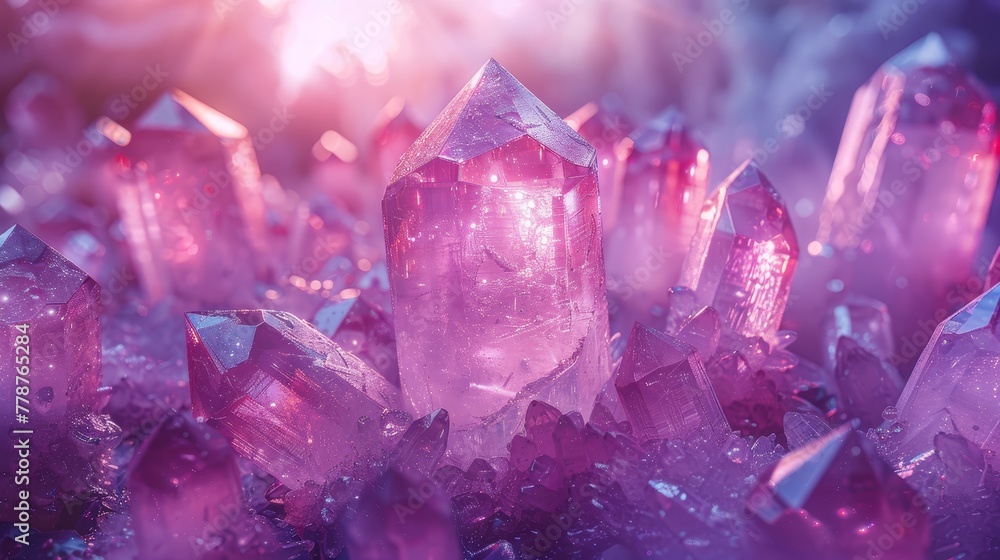 A stack of pink and purple crystals sits atop a pile of pink crystals A stack of pink and purple crystals sits atop a pile of pink crystals