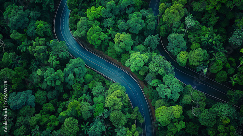 Top-down view of a flat road winding through a dense forest, showcasing a picturesque landscape © Taisiia