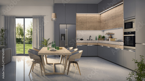 3d illustration of kitchen at beautiful design in open space house © rasica