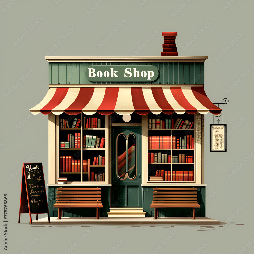 A charming vector illustration of a classic bookshop facade with warm, inviting colors, showcasing an array of books and a welcoming storefront A charming vector illustration of a classic bookshop facade with warm, inviting colors, showcasing an array of books and a welcoming storefront