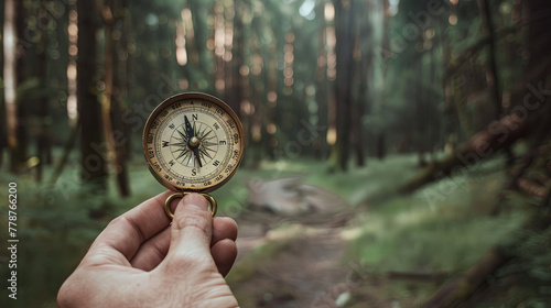 The compass, held in hands within the forest, acts as a tool for determining direction relative to the main geographical directions