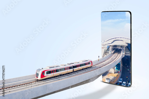 Photography Collage photo of a monorail heading to a station on a big phone screen