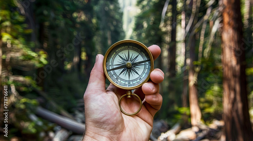 A compass, clutched in the hands of a forest, serves as a tool for determining the direction relative to the main geographical landmarks photo