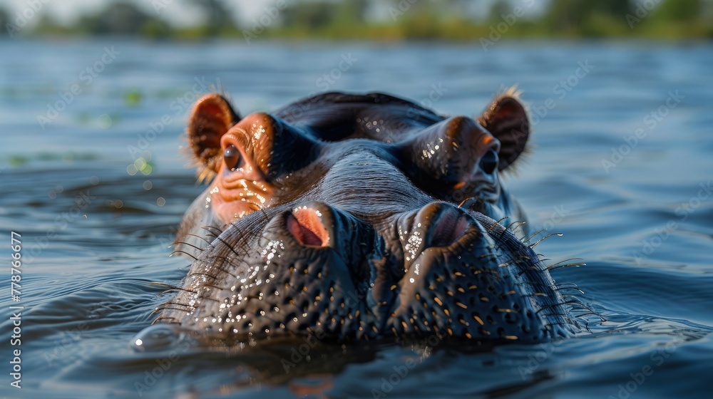 Fototapeta premium Hippo soaking in water. Hippopotamus looking at the camera.