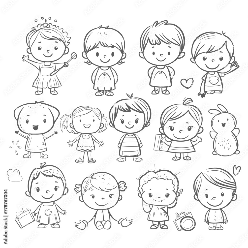 well hand drawing cute kids set doodle style illustration black color only