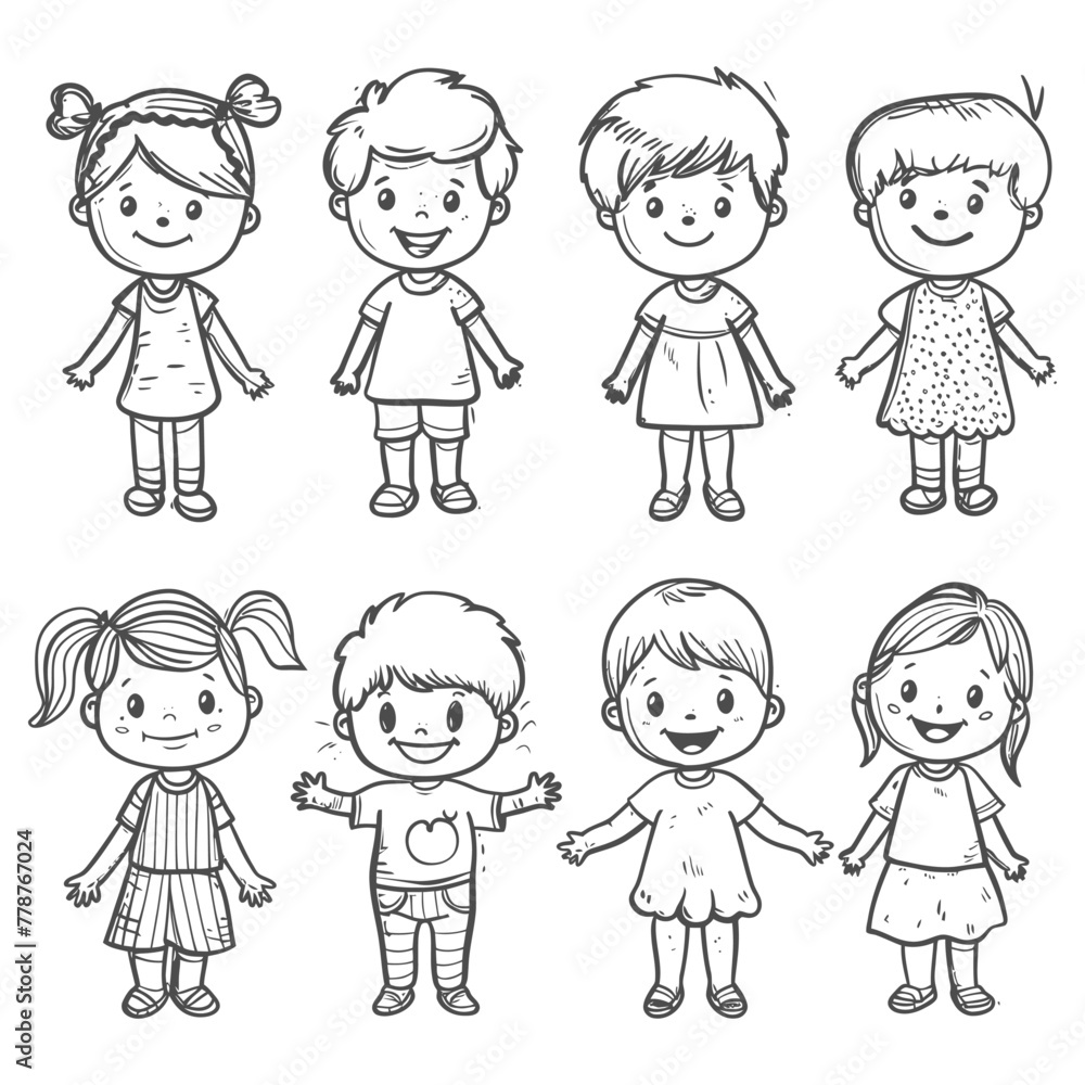 well hand drawing cute kids set doodle style illustration black color only well hand drawing cute kids set doodle style illustration black color only