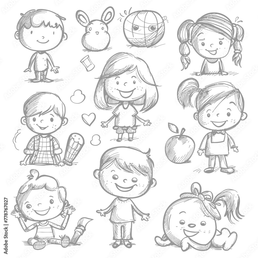 well hand drawing cute kids set doodle style illustration black color only well hand drawing cute kids set doodle style illustration black color only