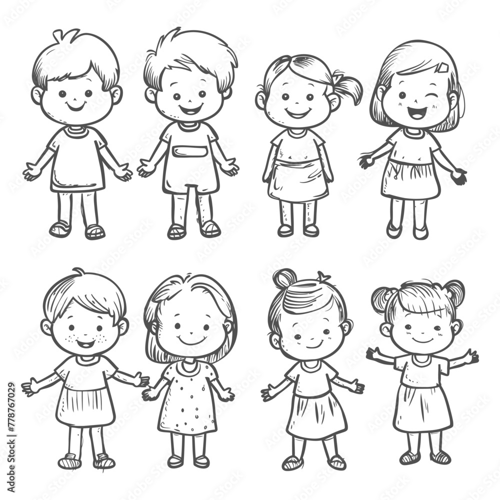 well hand drawing cute kids set doodle style illustration black color only well hand drawing cute kids set doodle style illustration black color only