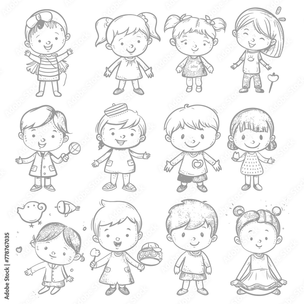well hand drawing cute kids set doodle style illustration black color only well hand drawing cute kids set doodle style illustration black color only