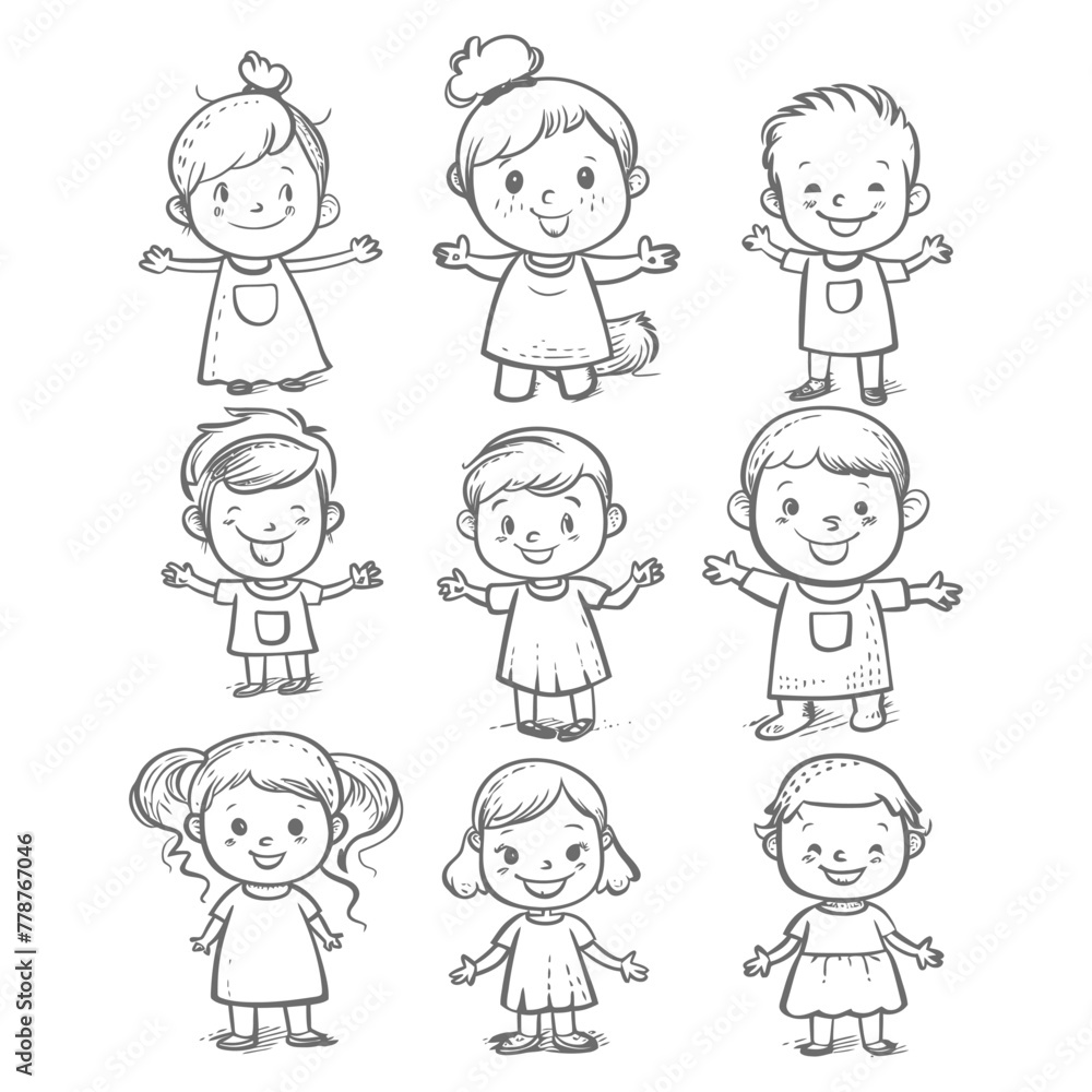 well hand drawing cute kids set doodle style illustration black color only well hand drawing cute kids set doodle style illustration black color only