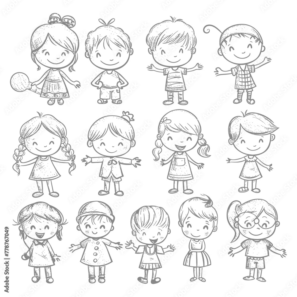 well hand drawing cute kids set doodle style illustration black color only well hand drawing cute kids set doodle style illustration black color only