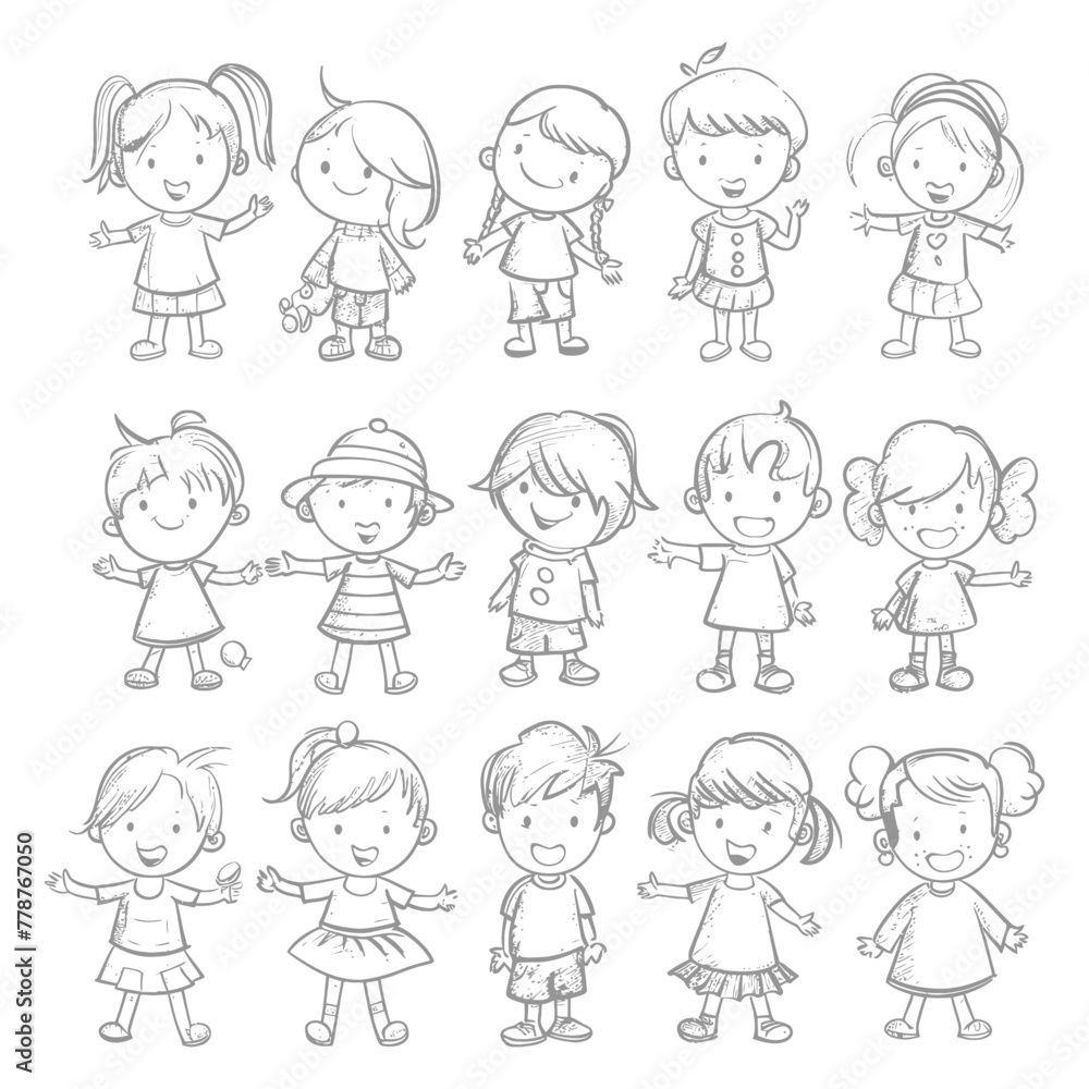 well hand drawing cute kids set doodle style illustration black color only well hand drawing cute kids set doodle style illustration black color only