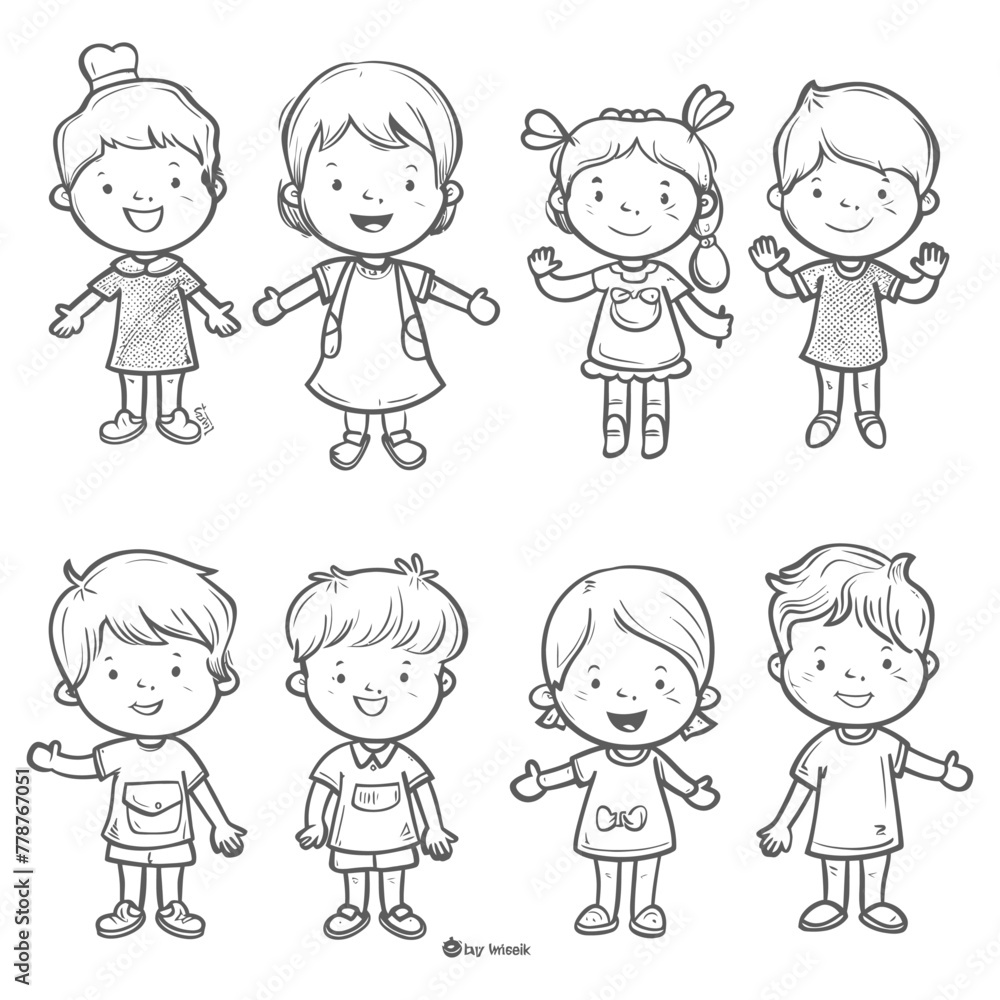 well hand drawing cute kids set doodle style illustration black color only well hand drawing cute kids set doodle style illustration black color only
