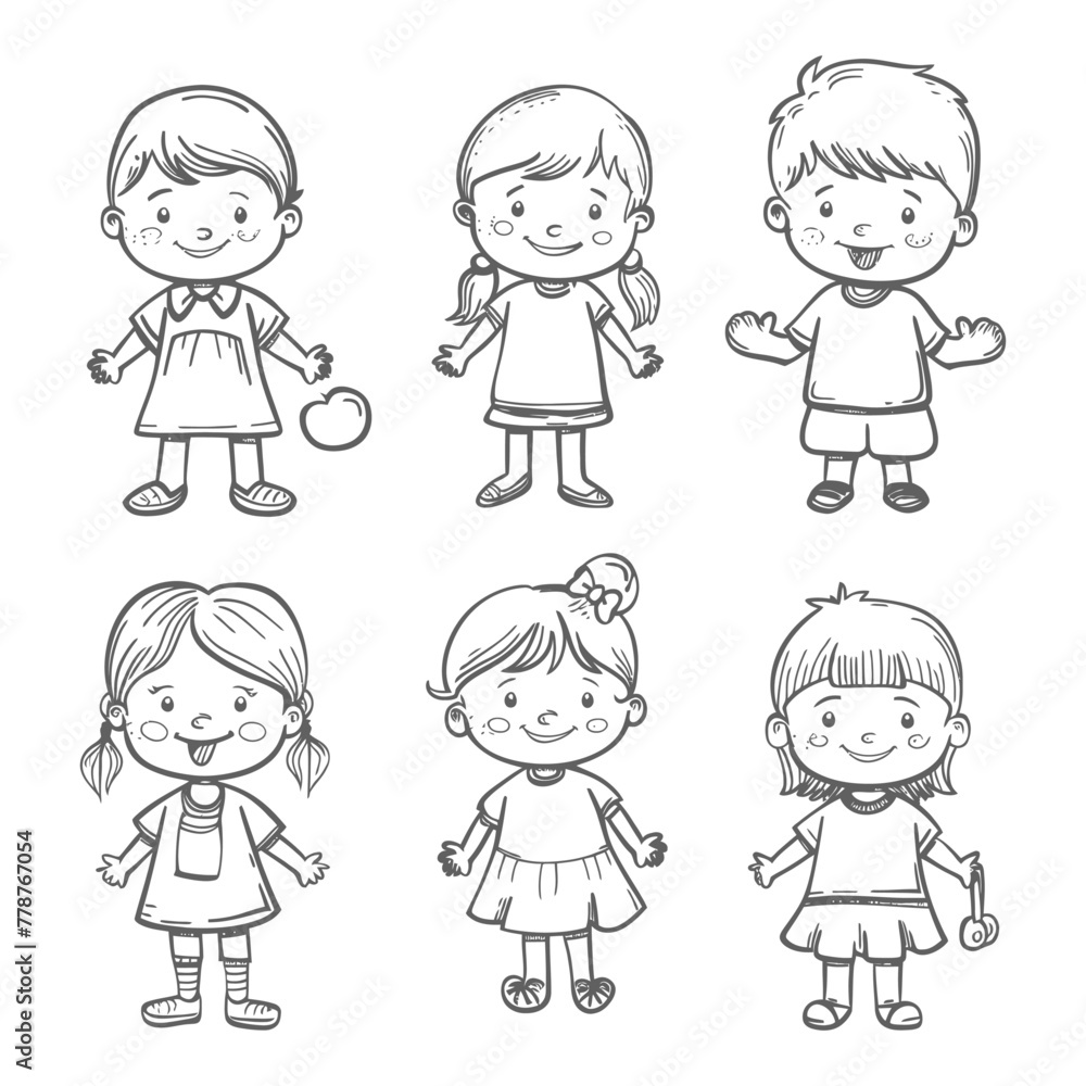 well hand drawing cute kids set doodle style illustration black color only well hand drawing cute kids set doodle style illustration black color only