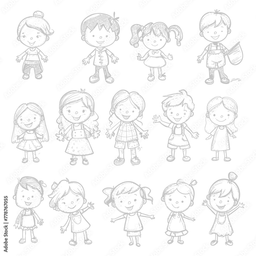well hand drawing cute kids set doodle style illustration black color only well hand drawing cute kids set doodle style illustration black color only