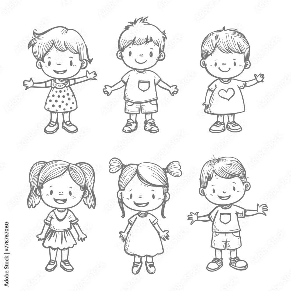 well hand drawing cute kids set doodle style illustration black color only