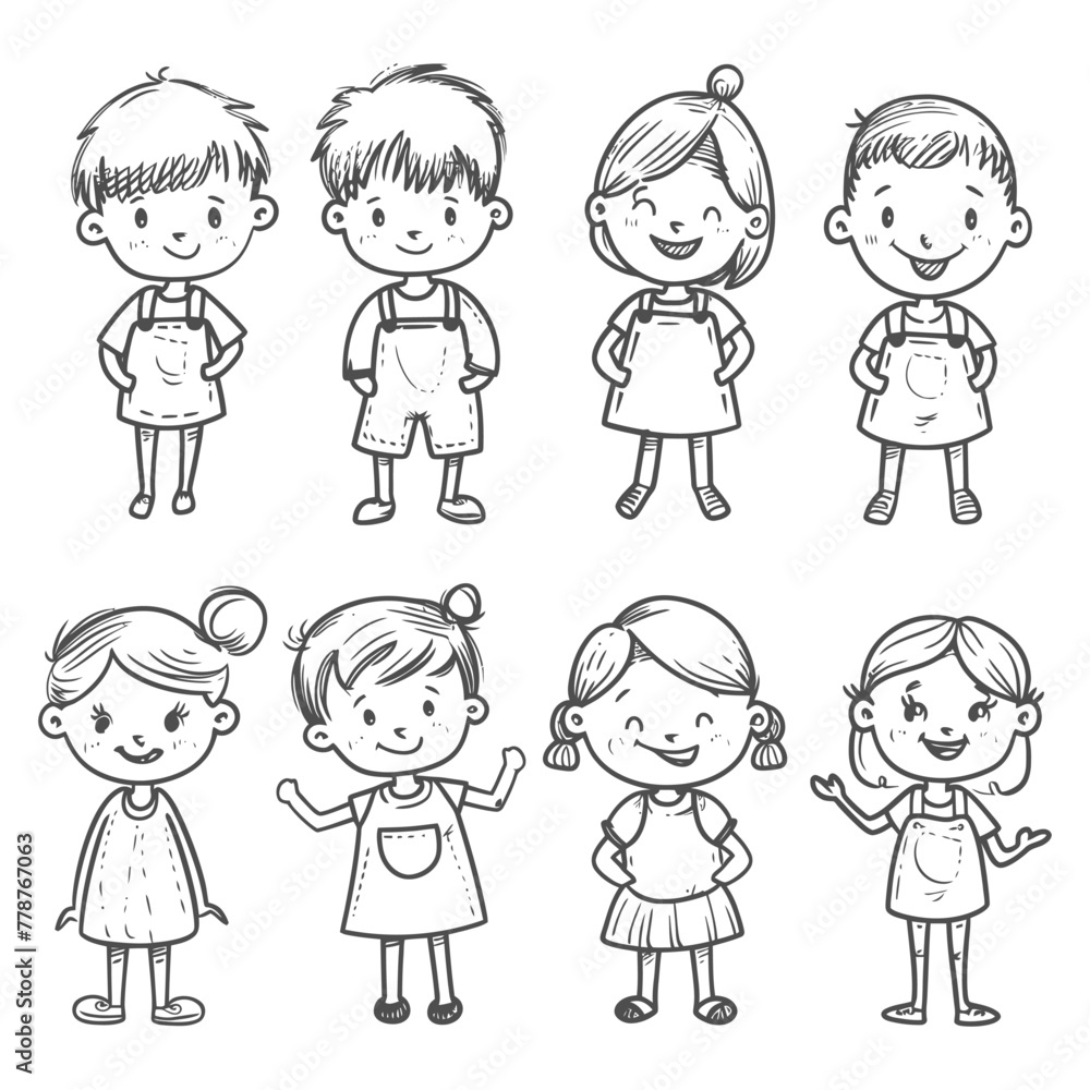 well hand drawing cute kids set doodle style illustration black color only well hand drawing cute kids set doodle style illustration black color only