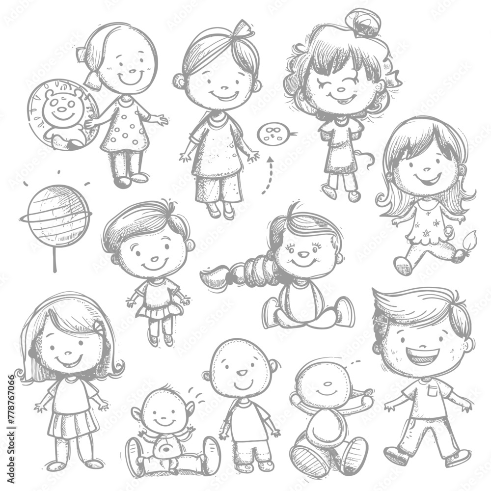 well hand drawing cute kids set doodle style illustration black color only well hand drawing cute kids set doodle style illustration black color only