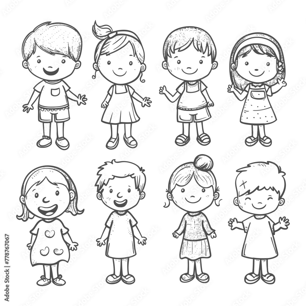 well hand drawing cute kids set doodle style illustration black color only well hand drawing cute kids set doodle style illustration black color only